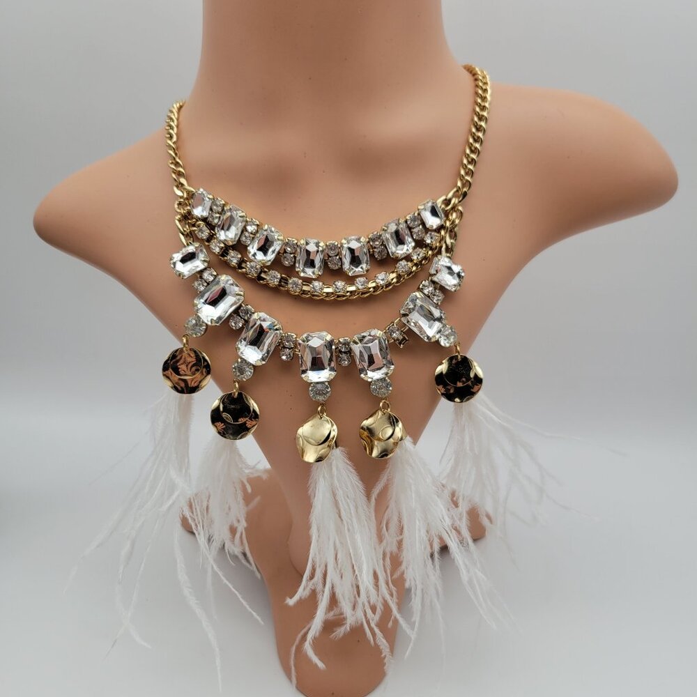 Traci Lynn Rhinestones and White Feathers Statement Necklace and Earrings Set